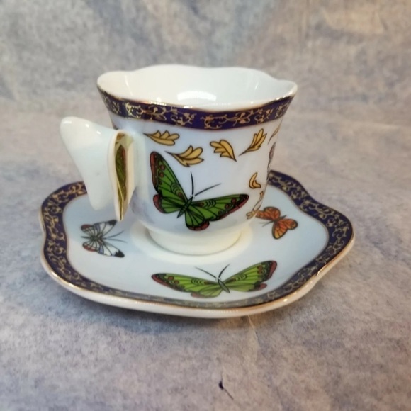 VINTAGE CC &T Mini Cup Saucer Set of 6, Multi-Color Butterfly Wings Handle New - Picture 10 of 10